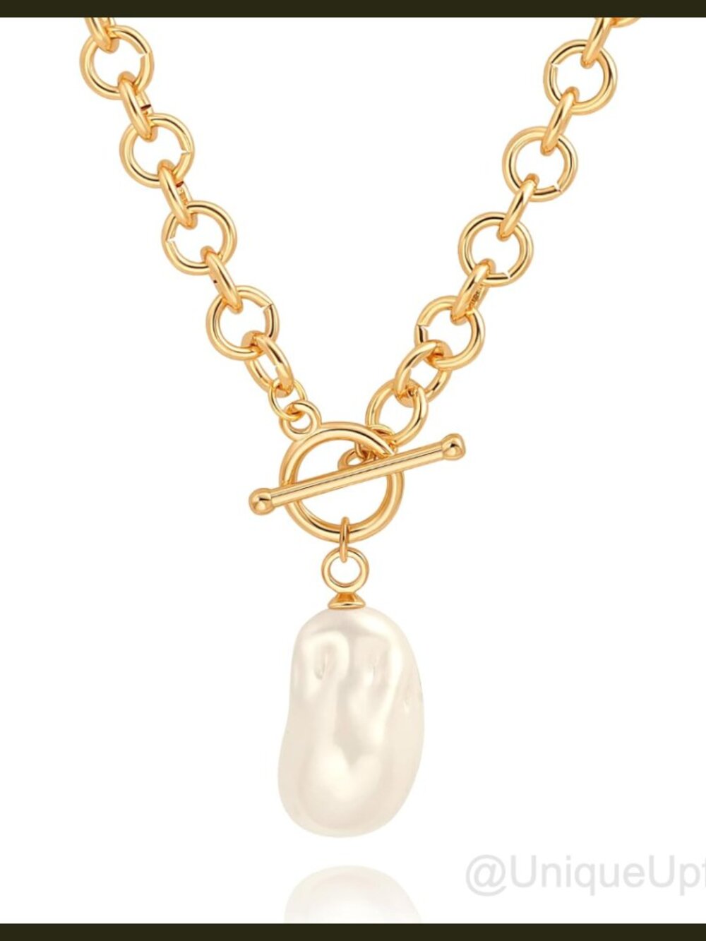 18k Gold Plated Chain Link Necklace Baroque Pearl Pendant Toggle Clasp
